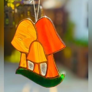 Vtg Mushrooms Stained Glass Sun Catcher Hobo Trippy Window Wall Hanger Decor